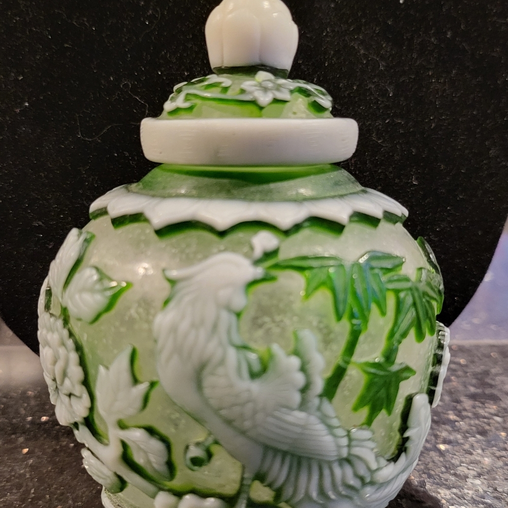 Green Ground Peking Glass Relief Carved w/ Chop Mark on Base & Pheasant/ Phoenix